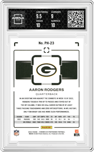 Aaron Rodgers from the 2022 Panini Chronicles set featuring a Pink parallel graded by Arena Club and given an overall grade of 9.5.