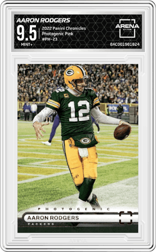 Aaron Rodgers from the 2022 Panini Chronicles set featuring a Pink parallel graded by Arena Club and given an overall grade of 9.5.
