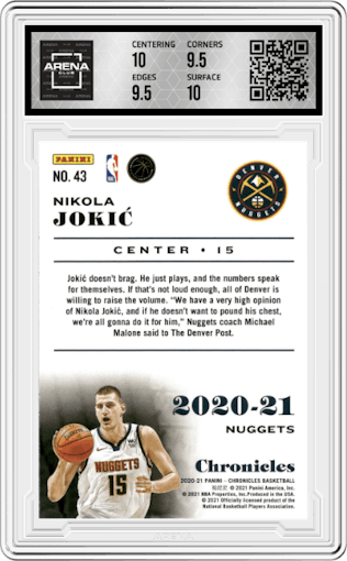 Nikola Jokic from the 2020-21 Panini Chronicles set featuring a Green Ice parallel graded by Arena Club and given an overall grade of 10.