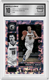 Nikola Jokic from the 2020-21 Panini Chronicles set featuring a Green Ice parallel graded by Arena Club and given an overall grade of 10.
