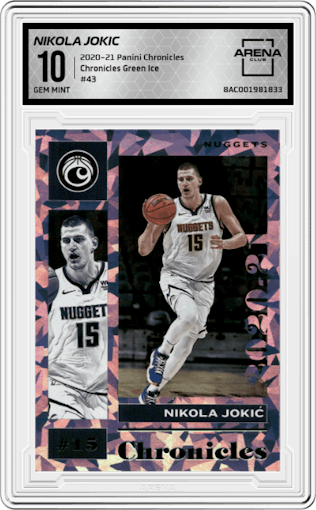 Nikola Jokic from the 2020-21 Panini Chronicles set featuring a Green Ice parallel graded by Arena Club and given an overall grade of 10.