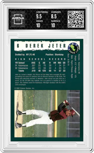 Derek Jeter from the 1992 Classic Draft Picks set graded by Arena Club and given an overall grade of 9.