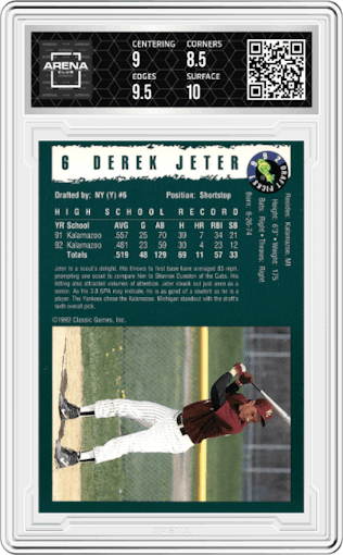 Derek Jeter from the 1992 Classic Draft Picks set graded by Arena Club and given an overall grade of 9.