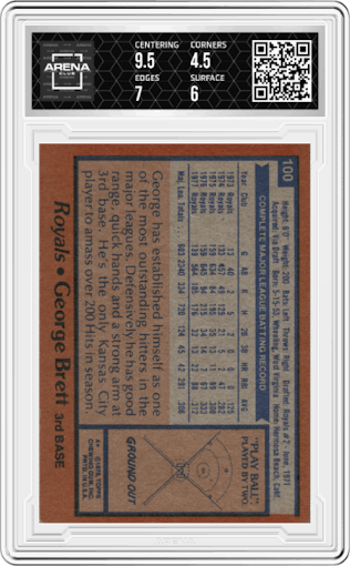 George Brett from the 1978 Topps set graded by Arena Club and given an overall grade of 5.