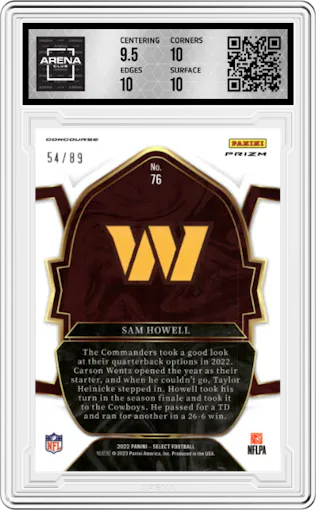 Sam Howell from the 2022 Panini Select set featuring a  Dragon Scale parallel graded by Arena Club and given an overall grade of 10.