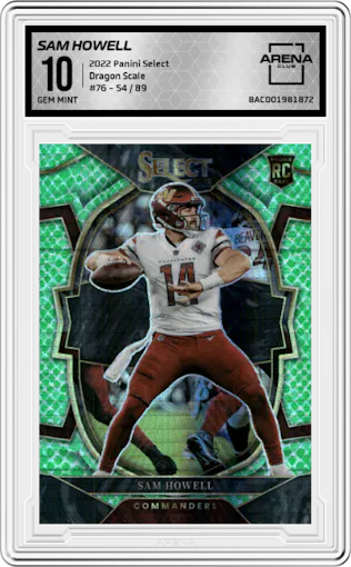 Sam Howell from the 2022 Panini Select set featuring a  Dragon Scale parallel graded by Arena Club and given an overall grade of 10.