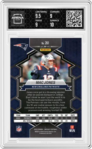 Mac Jones from the 2023 Panini Mosaic set featuring a Honeycomb parallel graded by Arena Club and given an overall grade of 9.5.