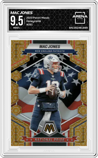 Mac Jones from the 2023 Panini Mosaic set featuring a Honeycomb parallel graded by Arena Club and given an overall grade of 9.5.