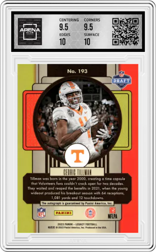 Cedric Tillman from the 2023 Panini Legacy set graded by Arena Club and given an overall grade of 10.