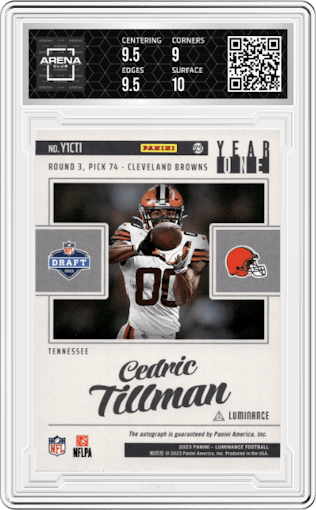 Cedric Tillman from the 2023 Panini Luminance set graded by Arena Club and given an overall grade of 9.5.