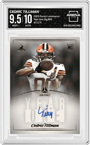 Cedric Tillman from the 2023 Panini Luminance set graded by Arena Club and given an overall grade of 9.5.
