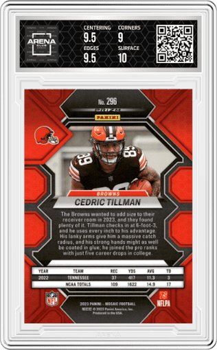Cedric Tillman from the 2023 Panini Mosaic set featuring a Honeycomb parallel graded by Arena Club and given an overall grade of 9.5.