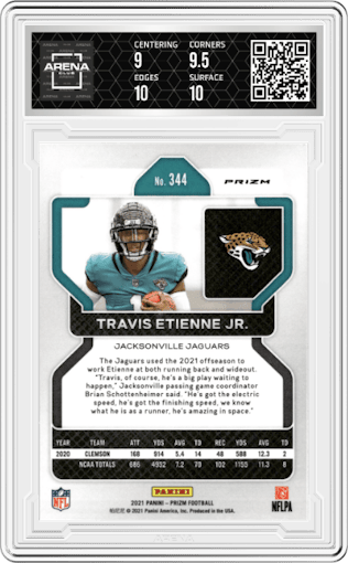 Travis Etienne Jr. from the 2021 Panini Prizm set featuring a Red Ice parallel graded by Arena Club and given an overall grade of 9.5.