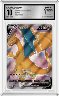 Charizard V from the 2020 Pokemon SWSH set graded by Arena Club and given an overall grade of 10.