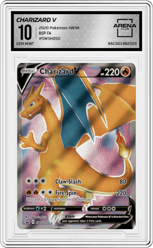 Charizard V from the 2020 Pokemon SWSH set graded by Arena Club and given an overall grade of 10.
