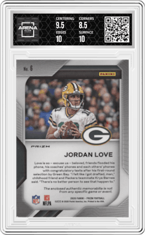 Jordan Love from the 2020 Panini Prizm set featuring a Pink Prizm parallel graded by Arena Club and given an overall grade of 9.