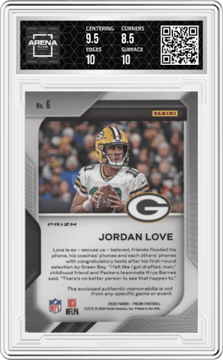 Jordan Love from the 2020 Panini Prizm set featuring a Pink Prizm parallel graded by Arena Club and given an overall grade of 9.