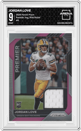 Jordan Love from the 2020 Panini Prizm set featuring a Pink Prizm parallel graded by Arena Club and given an overall grade of 9.