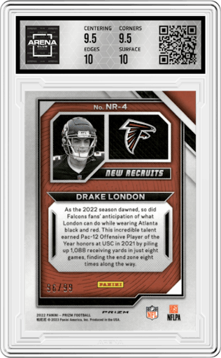 Drake London from the 2022 Panini Prizm set featuring a Blue Ice parallel graded by Arena Club and given an overall grade of 10.