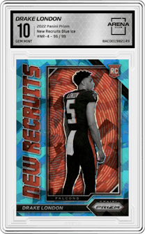 Drake London from the 2022 Panini Prizm set featuring a Blue Ice parallel graded by Arena Club and given an overall grade of 10.