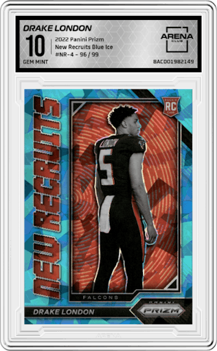 Drake London from the 2022 Panini Prizm set featuring a Blue Ice parallel graded by Arena Club and given an overall grade of 10.