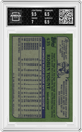 Robin Yount from the 1982 Topps set graded by Arena Club and given an overall grade of 7.