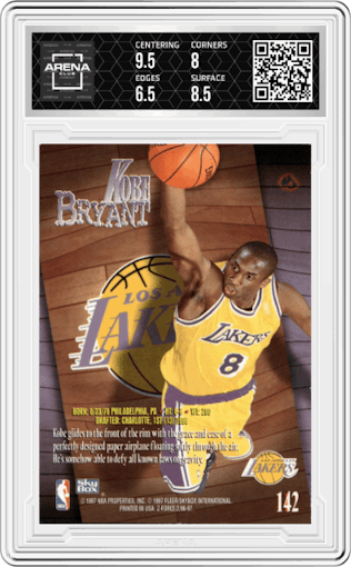 Kobe Bryant from the 1996-97 Skybox Z-Force set graded by Arena Club and given an overall grade of 7.