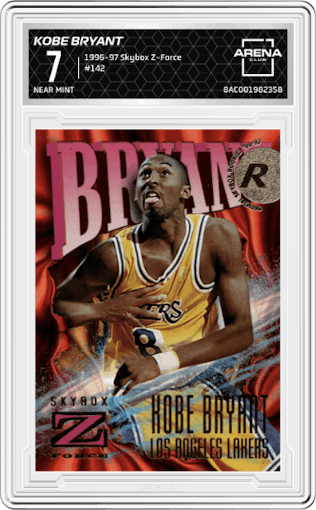 Kobe Bryant from the 1996-97 Skybox Z-Force set graded by Arena Club and given an overall grade of 7.
