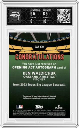 Ken Waldichuk from the 2023 Topps Big League set graded by Arena Club and given an overall grade of 8.5.