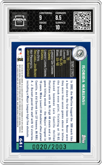 Florida Marlins from the 2003 Topps set featuring a Gold parallel graded by Arena Club and given an overall grade of 8.5.
