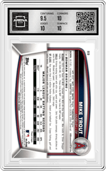 Mike Trout from the 2023 Bowman Mega Box set featuring a Yellow Refractor parallel graded by Arena Club and given an overall grade of 10.