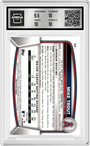 Mike Trout from the 2023 Bowman Mega Box set featuring a Yellow Refractor parallel graded by Arena Club and given an overall grade of 10.