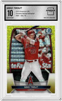 Mike Trout from the 2023 Bowman Mega Box set featuring a Yellow Refractor parallel graded by Arena Club and given an overall grade of 10.