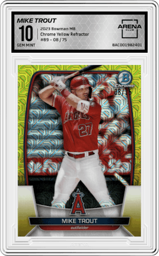 Mike Trout from the 2023 Bowman Mega Box set featuring a Yellow Refractor parallel graded by Arena Club and given an overall grade of 10.