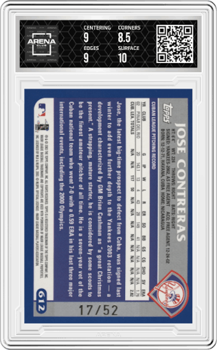 Jose Contreras from the 2003 Topps set featuring a Black parallel graded by Arena Club and given an overall grade of 9.