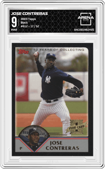 Jose Contreras from the 2003 Topps set featuring a Black parallel graded by Arena Club and given an overall grade of 9.