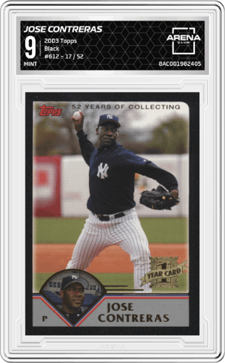 Jose Contreras from the 2003 Topps set featuring a Black parallel graded by Arena Club and given an overall grade of 9.