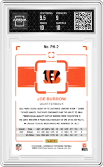 Joe Burrow from the 2022 Panini Chronicles set featuring a Pink parallel graded by Arena Club and given an overall grade of 9.5.