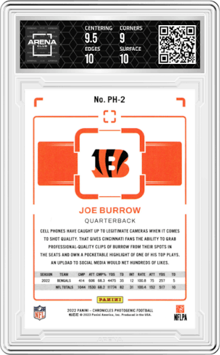 Joe Burrow from the 2022 Panini Chronicles set featuring a Pink parallel graded by Arena Club and given an overall grade of 9.5.