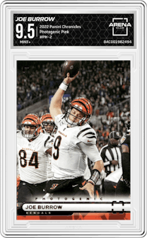 Joe Burrow from the 2022 Panini Chronicles set featuring a Pink parallel graded by Arena Club and given an overall grade of 9.5.