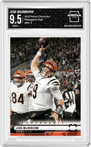 Joe Burrow from the 2022 Panini Chronicles set featuring a Pink parallel graded by Arena Club and given an overall grade of 9.5.