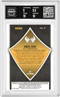 Oneil Cruz from the 2022 Panini Chronicles set featuring a Building Blocks parallel graded by Arena Club and given an overall grade of 9.5.
