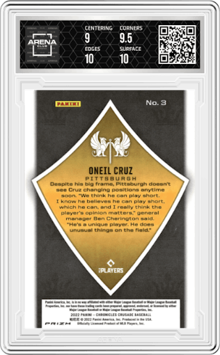 Oneil Cruz from the 2022 Panini Chronicles set featuring a Building Blocks parallel graded by Arena Club and given an overall grade of 9.5.
