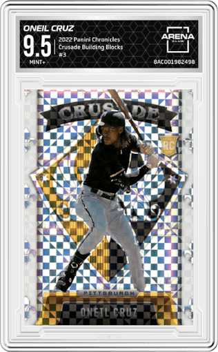 Oneil Cruz from the 2022 Panini Chronicles set featuring a Building Blocks parallel graded by Arena Club and given an overall grade of 9.5.