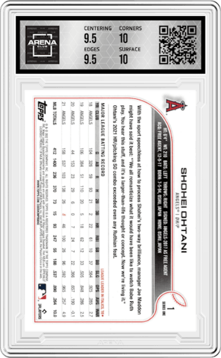 Shohei Ohtani from the 2022 Topps  Series 1 set graded by Arena Club and given an overall grade of 10.
