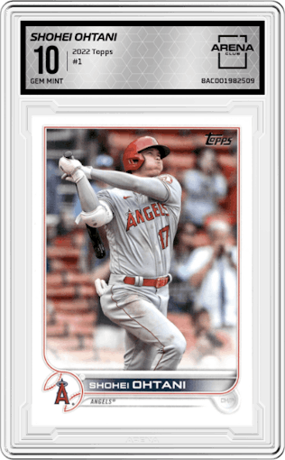 Shohei Ohtani from the 2022 Topps  Series 1 set graded by Arena Club and given an overall grade of 10.