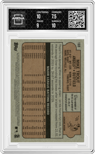 Mike Trout from the 2021 Topps Heritage set graded by Arena Club and given an overall grade of 8.