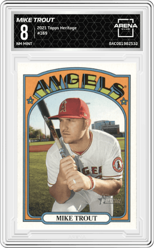 Mike Trout from the 2021 Topps Heritage set graded by Arena Club and given an overall grade of 8.