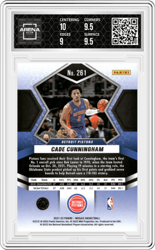 Cade Cunningham from the 2021-22 Panini Mosaic  set graded by Arena Club and given an overall grade of 9.5.