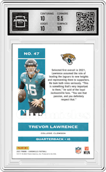 Trevor Lawrence from the 2021 Panini Chronicles set graded by Arena Club and given an overall grade of 10.